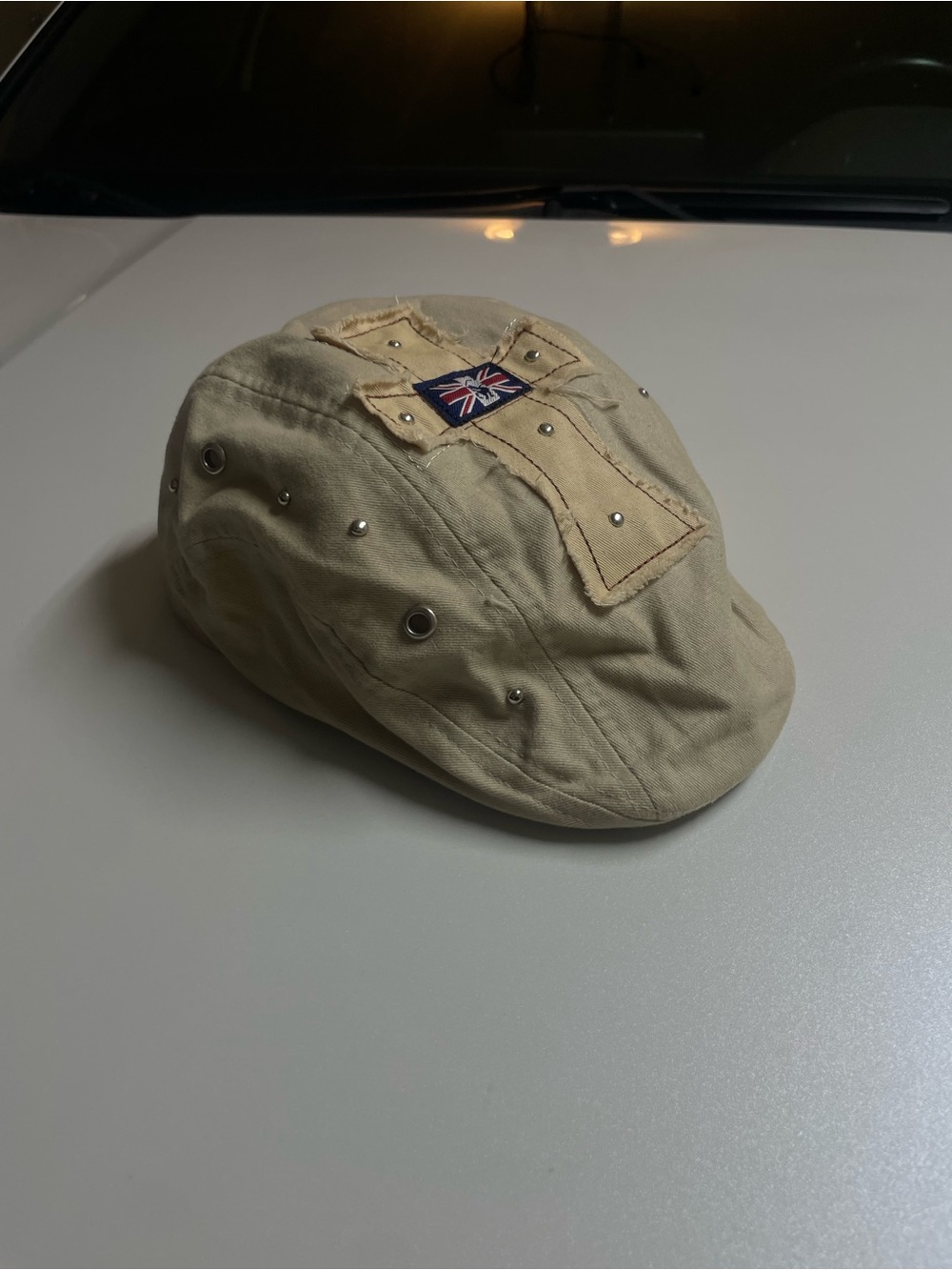 Men's Beige Cotton Flat Cap with Stud Accents